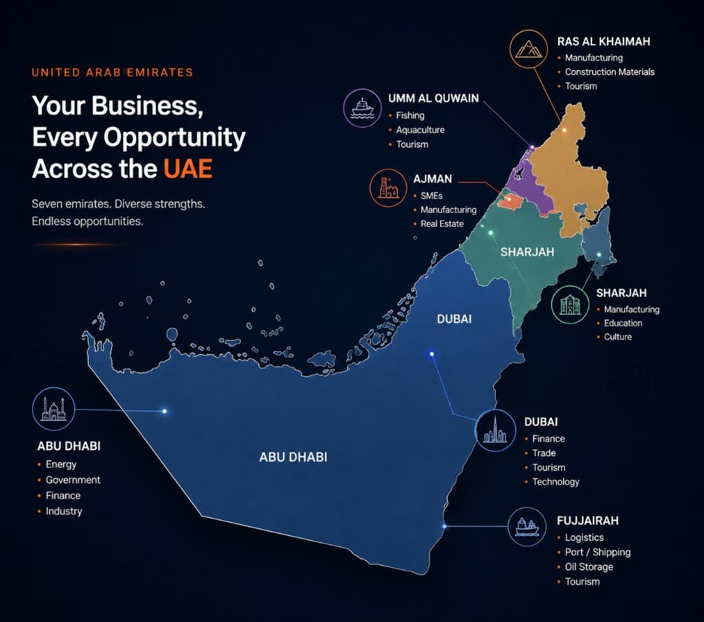 United Arab Emirates - Seven Emirates Business Opportunities Map (Abu Dhabi, Dubai, Sharjah, Ajman, UAQ, RAK, Fujairah)
